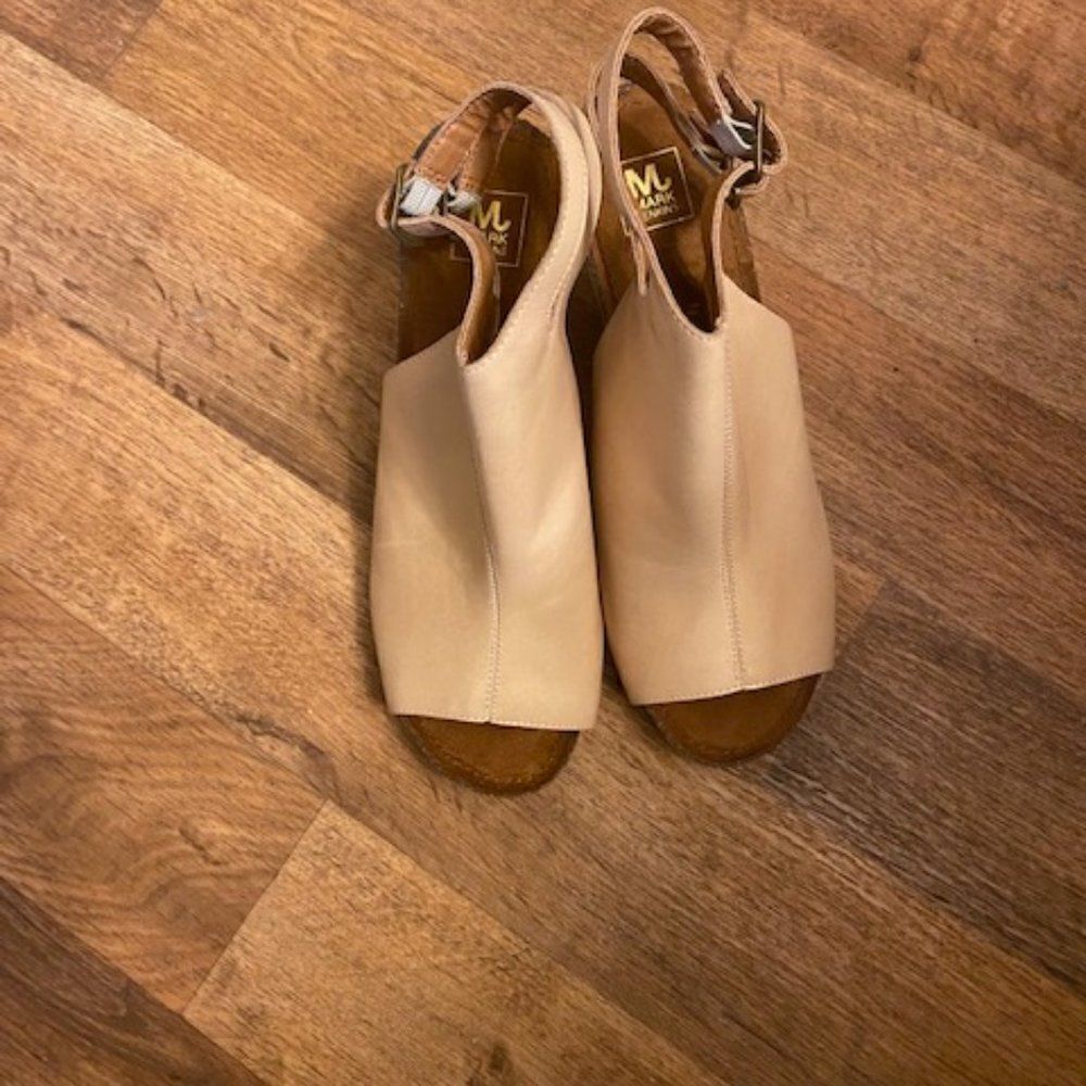 Mark Jenkins Nude Peep-toe leather 3-inch wedge heels, size 11